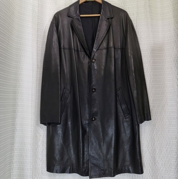 ALDO PARIS Long Line Leather Blazer Coat Lined Black Men's XL (based on meas.) - Picture 1 of 11